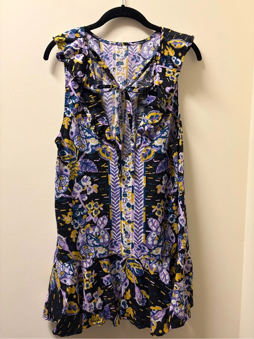 Free People Boho Sleeveless Floral Ruffle Linen-Blend Dress in Purple Black Gold - Picture 3 of 7